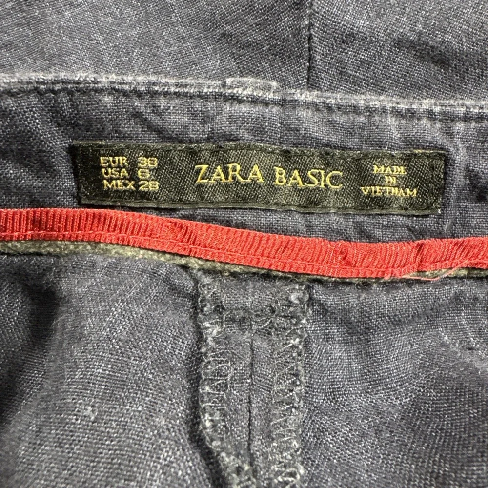 Zara Basic's Pants Women's Size 6 Navy Blue 100% Linen Minimalist Trousers‎